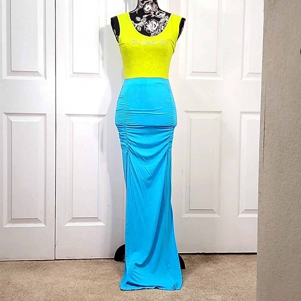 Bebe Neon Green And Teal Ruched Maxi Dress S - Picture 1 of 10